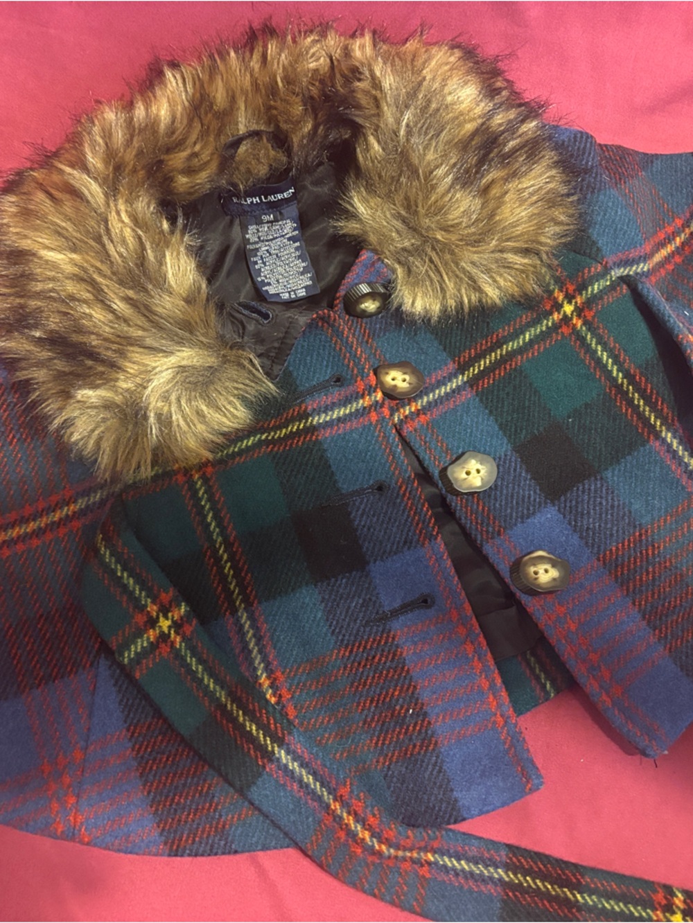 Ralph Lauren Green & Blue Tartan Hooded Cape with Faux Fur Trim